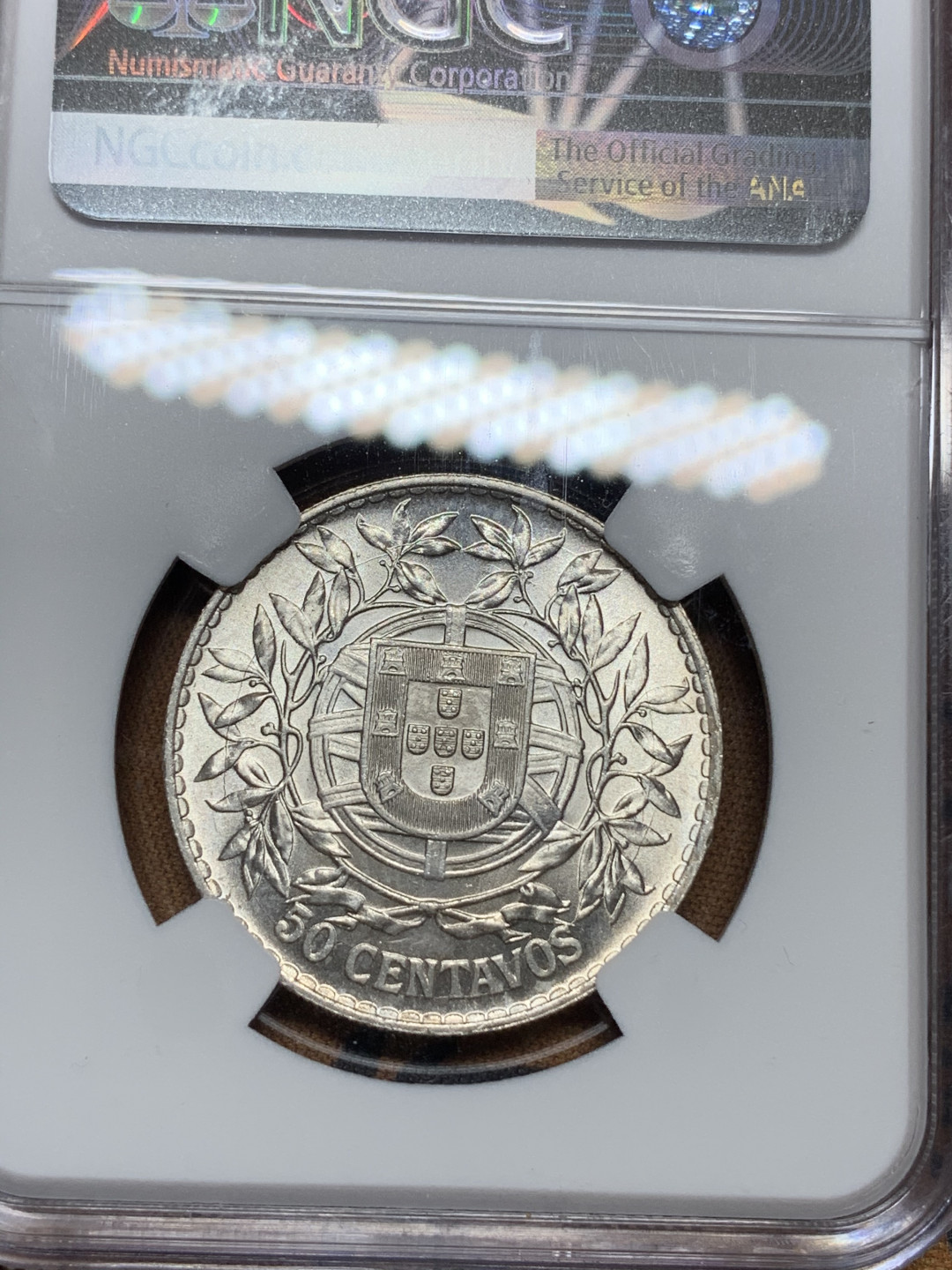 《竞宝斋》钱币微拍-第13场-本周日，周一2场连拍（全场顺丰包邮） NGC-MS63 葡萄牙 1916年 50分 谷物女神 银币 霜光好看 出厂状态，送PCGS或可以得到更高的分数。埃斯库多最近拍卖价都不低。女神漂亮，值得收藏