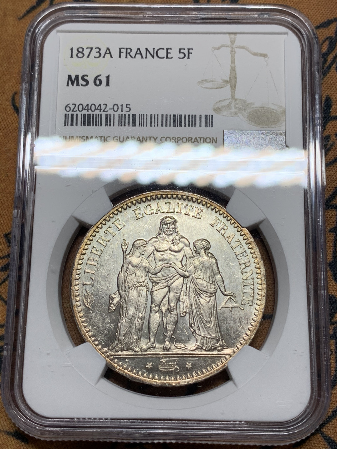 《竞宝斋》钱币微拍-第13场-本周日，周一2场连拍（全场顺丰包邮） NGC-MS61 法国1873a 5法郎 原光好品，边缘金光