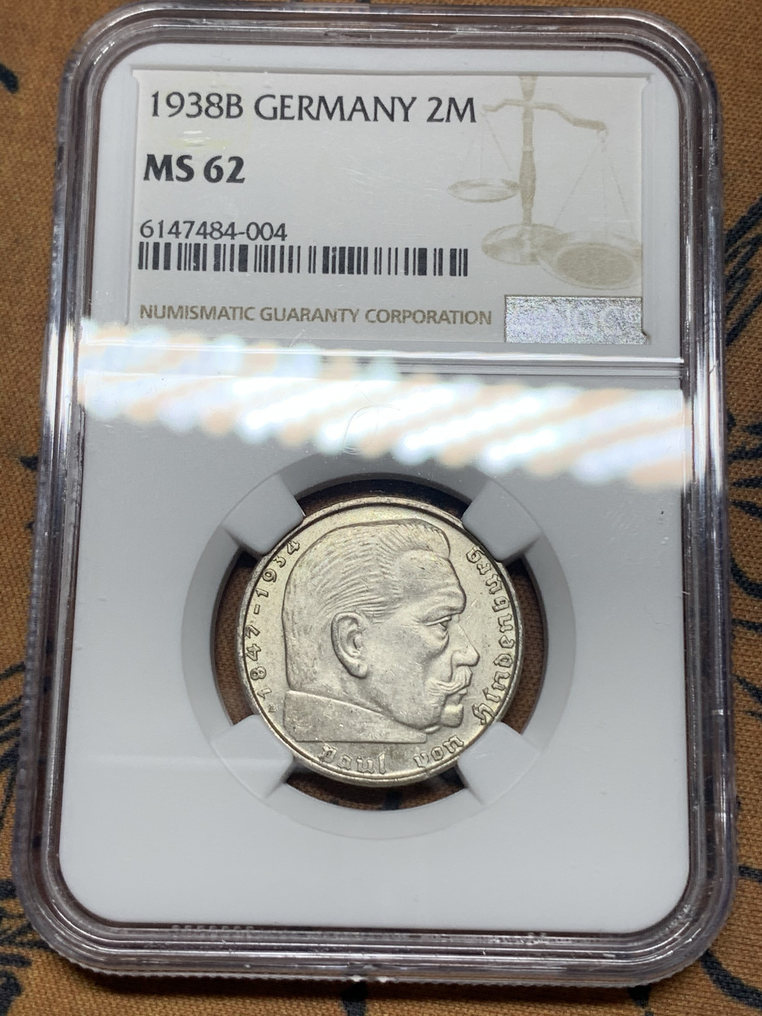 《竞宝斋》钱币微拍-第13场-本周日，周一2场连拍（全场顺丰包邮） NGC-MS62 德国 1938-B年 兴登堡2马克 银币 原味粉光 状态一流