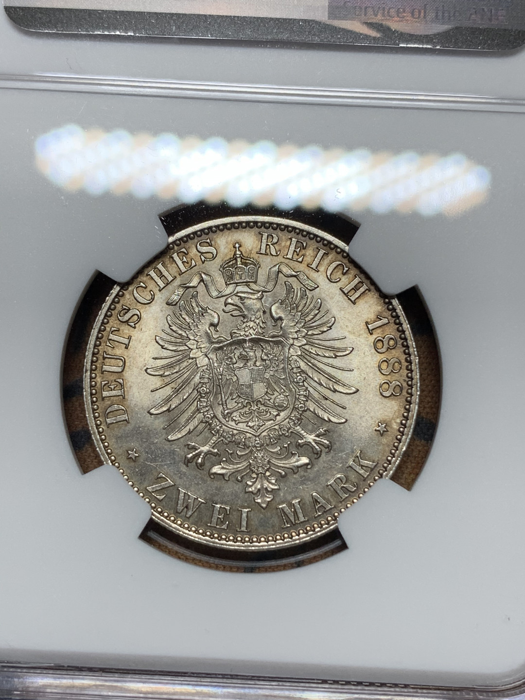 《竞宝斋》钱币微拍-第13场-本周日，周一2场连拍（全场顺丰包邮） NGC-MS63 德国普鲁士 1888年 三皇之年 2马克 银币 带彩转光 顶级品相