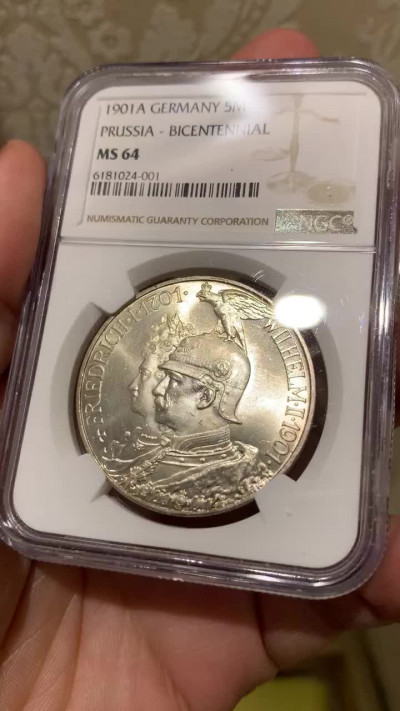 《竞宝斋》钱币微拍-第13场-本周日，周一2场连拍（全场顺丰包邮） NGC-MS64 德国普鲁士 1901-A年 200周年纪念 5马克 银币 转光 顶级品相