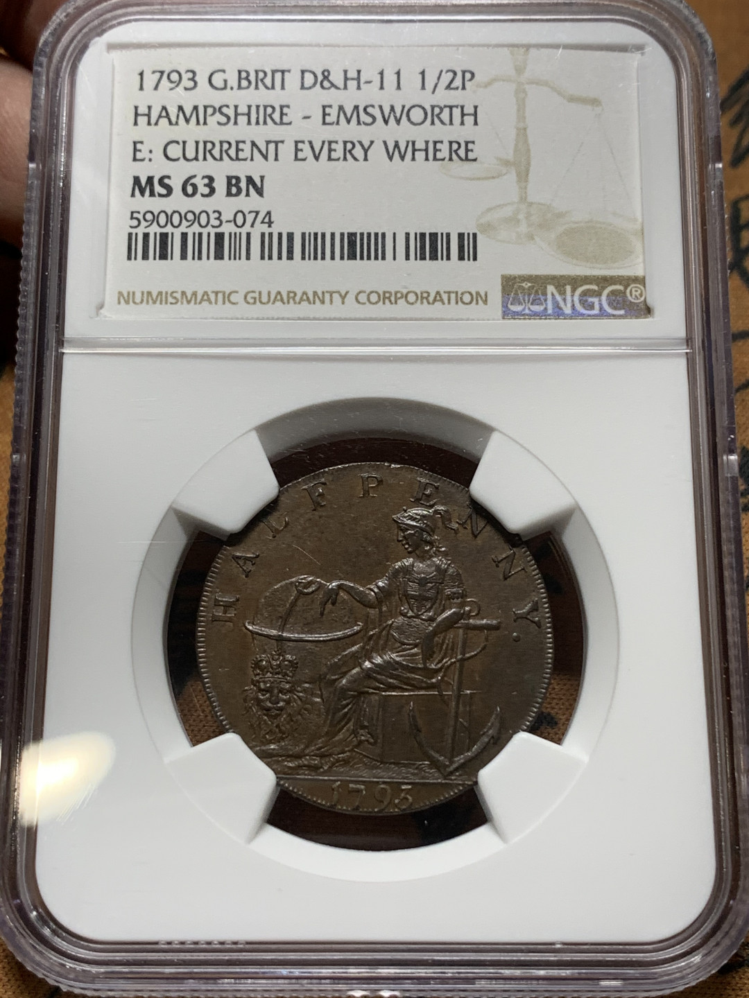 《竞宝斋》钱币微拍-第13场-本周日，周一2场连拍（全场顺丰包邮） NGC-MS63BN，英国1793年 汉普郡海神半便士铜币，包浆醇熟，设计精美，打制极佳