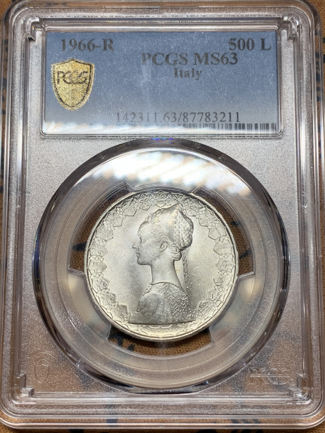 《竞宝斋》钱币微拍-第13场-本周日，周一2场连拍（全场顺丰包邮） PCGS-MS63 意大利 1966年 人妻500里拉帆船银币