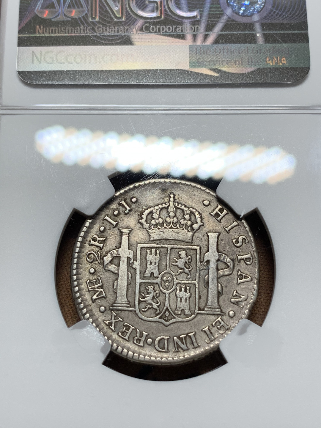 《竞宝斋》钱币微拍-第13场-本周日，周一2场连拍（全场顺丰包邮） NGC-XF 秘鲁 1801年 卡洛斯四世 2R 银币 原味品 没分可惜