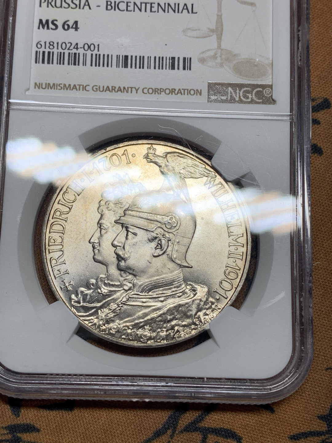 《竞宝斋》钱币微拍-第13场-本周日，周一2场连拍（全场顺丰包邮） NGC-MS64 德国普鲁士 1901-A年 200周年纪念 5马克 银币 转光 顶级品相