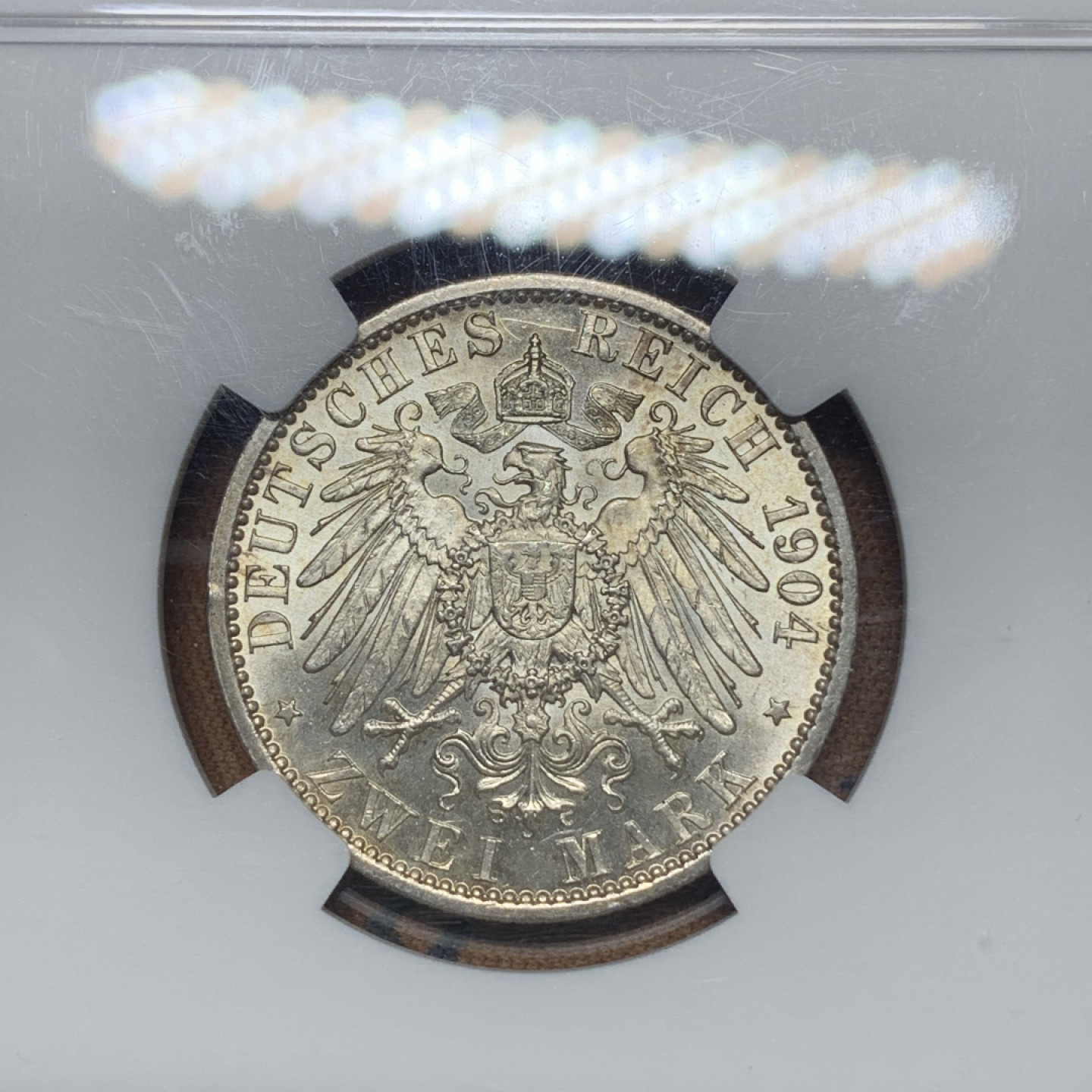 《竞宝斋》钱币微拍-第13场-本周日，周一2场连拍（全场顺丰包邮） NGC-MS64 德国梅克伦堡 1904-A年 2马克 银币 金色包浆 顶级分数