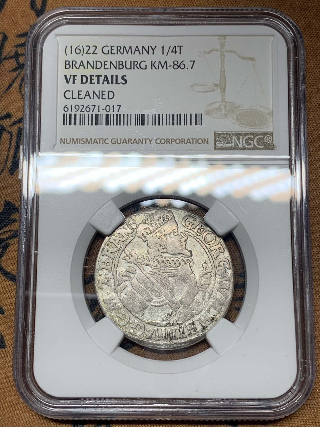 《竞宝斋》钱币微拍-第13场-本周日，周一2场连拍（全场顺丰包邮） NGC-VF 德国勃兰登堡 1622年 乔治威廉 1/4泰勒 银币 少见品种