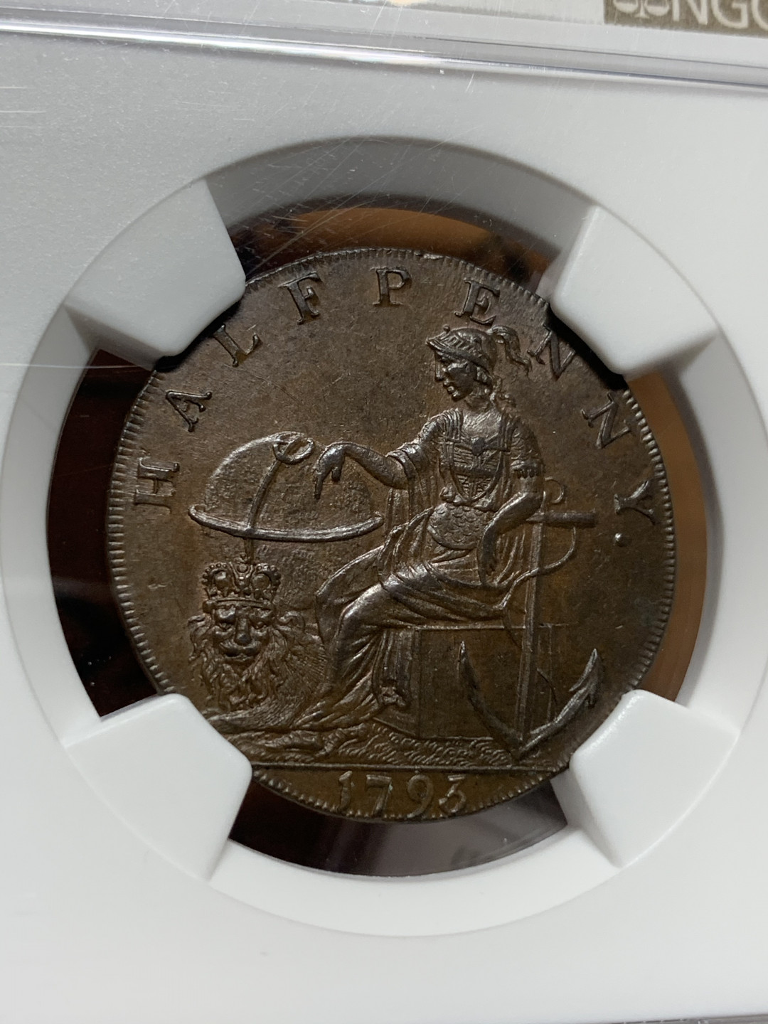 《竞宝斋》钱币微拍-第13场-本周日，周一2场连拍（全场顺丰包邮） NGC-MS63BN，英国1793年 汉普郡海神半便士铜币，包浆醇熟，设计精美，打制极佳