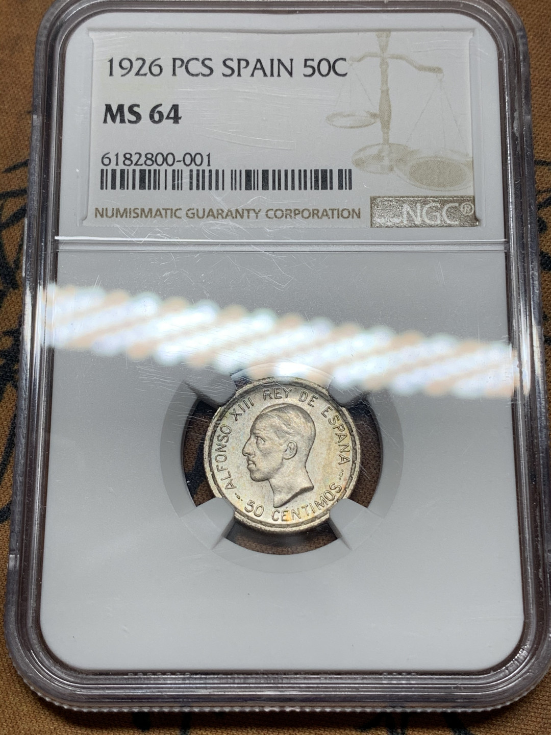 《竞宝斋》钱币微拍-第13场-本周日，周一2场连拍（全场顺丰包邮） NGC-MS64 西班牙 1926年 阿方索十三世 50分 小银币 高分难得