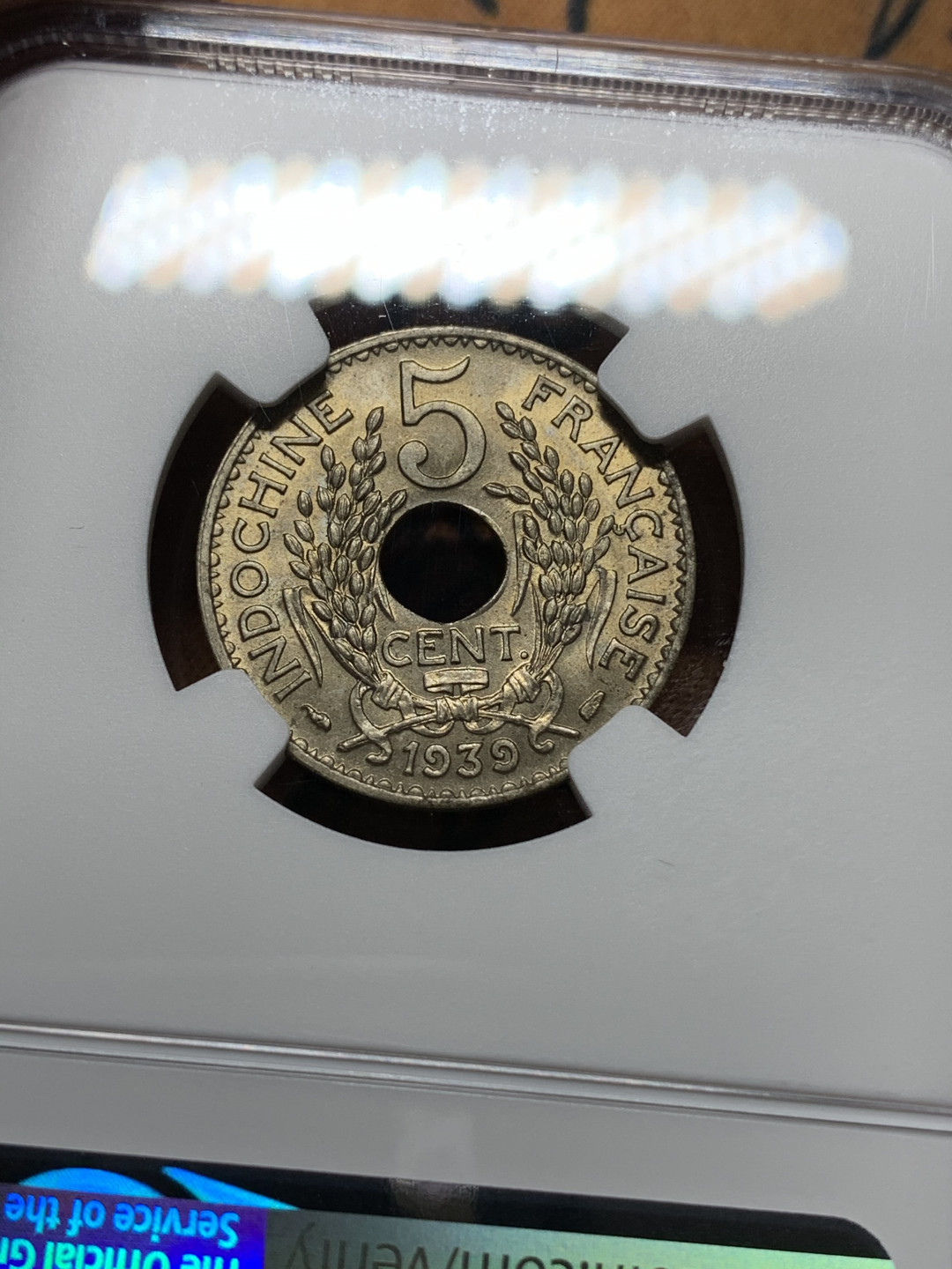 《竞宝斋》钱币微拍-第13场-本周日，周一2场连拍（全场顺丰包邮） NGC-MS64 法属印支 1939年 5c 高分少见