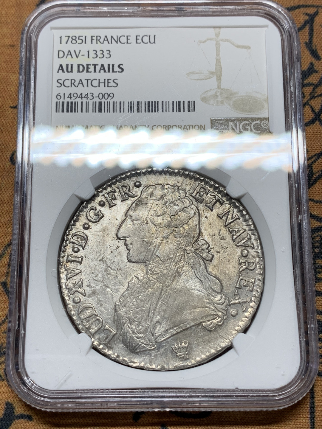 《竞宝斋》钱币微拍-第13场-本周日，周一2场连拍（全场顺丰包邮） NGC-AU 法国 1785-I年 路易十六 埃居 大银币 因为造币厂的减重痕没有给分可惜了