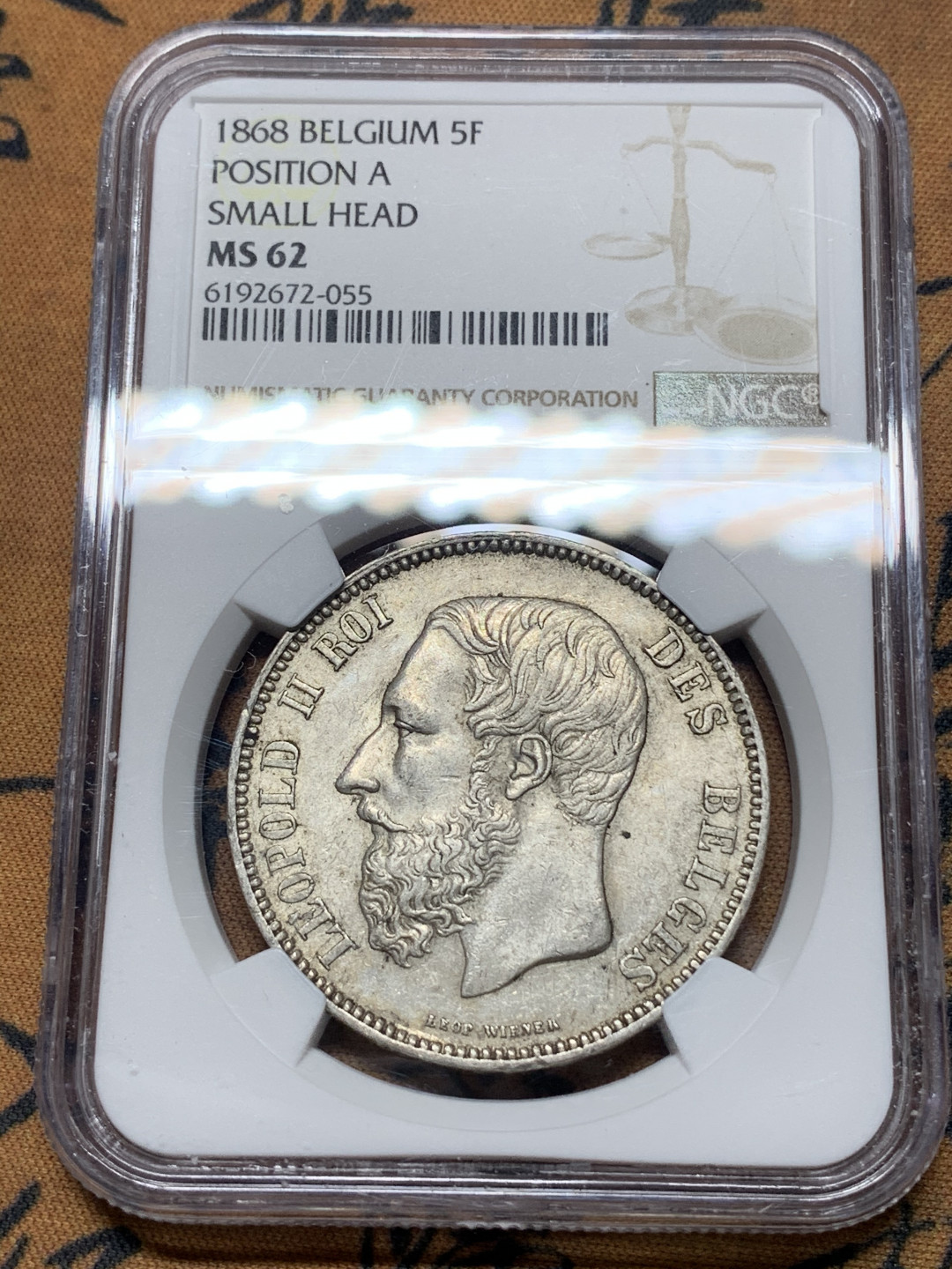 《竞宝斋》钱币微拍-第14场-本周日，周一2场连拍（全场顺丰包邮） NGC-MS62 比利时 1868年 5法郎 银币 原光原味 稀少的小头版很难得 比这分高的也就6枚