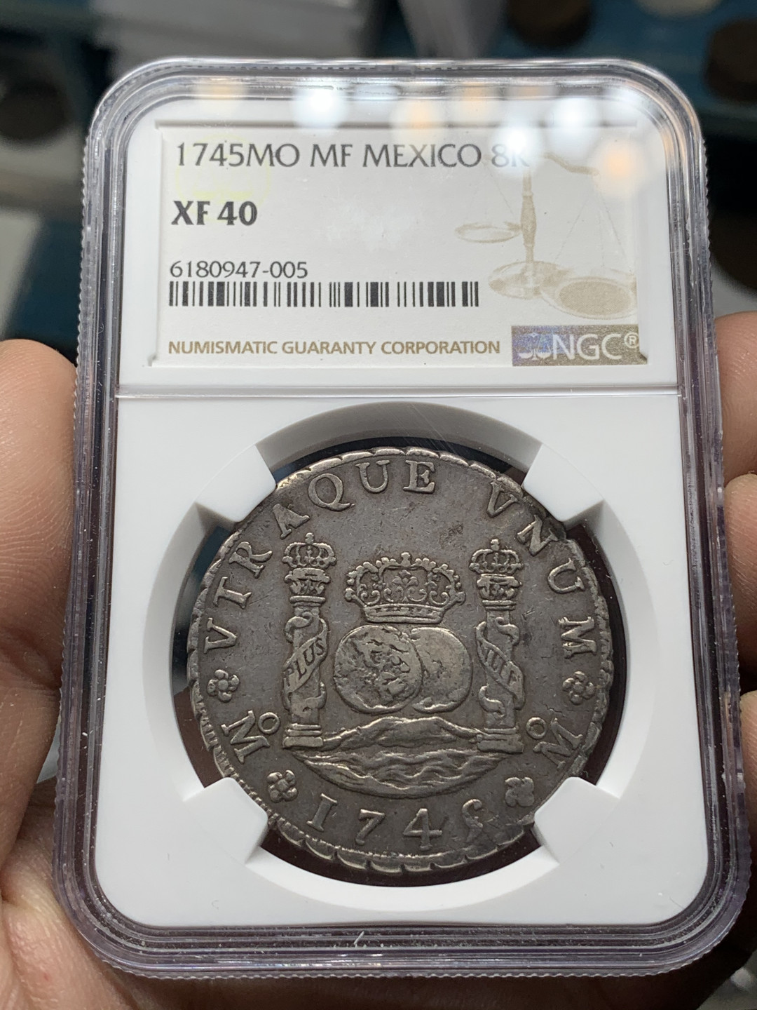 《竞宝斋》钱币微拍-第14场-本周日，周一2场连拍（全场顺丰包邮） NGC-XF40 墨西哥 1745年 菲利普五世 8R 地球双柱银币 原味好品