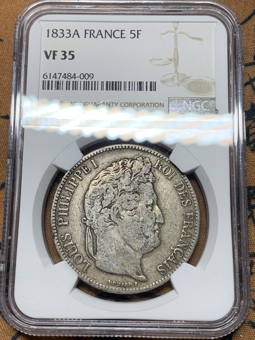《竞宝斋》钱币微拍-第14场-本周日，周一2场连拍（全场顺丰包邮） NGC-VF35 法国 1833-A年 菲利普一世 5法郎银币 早期的菲利普大头 比这枚分高的也就3枚 稀少