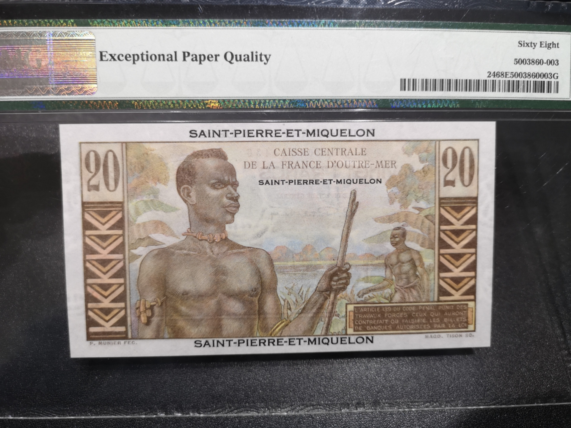 《外钞收藏家》第一百四十六期拍卖-超百件大拍场（本期106件） 1950=60年圣皮埃尔20法郎 PMG68