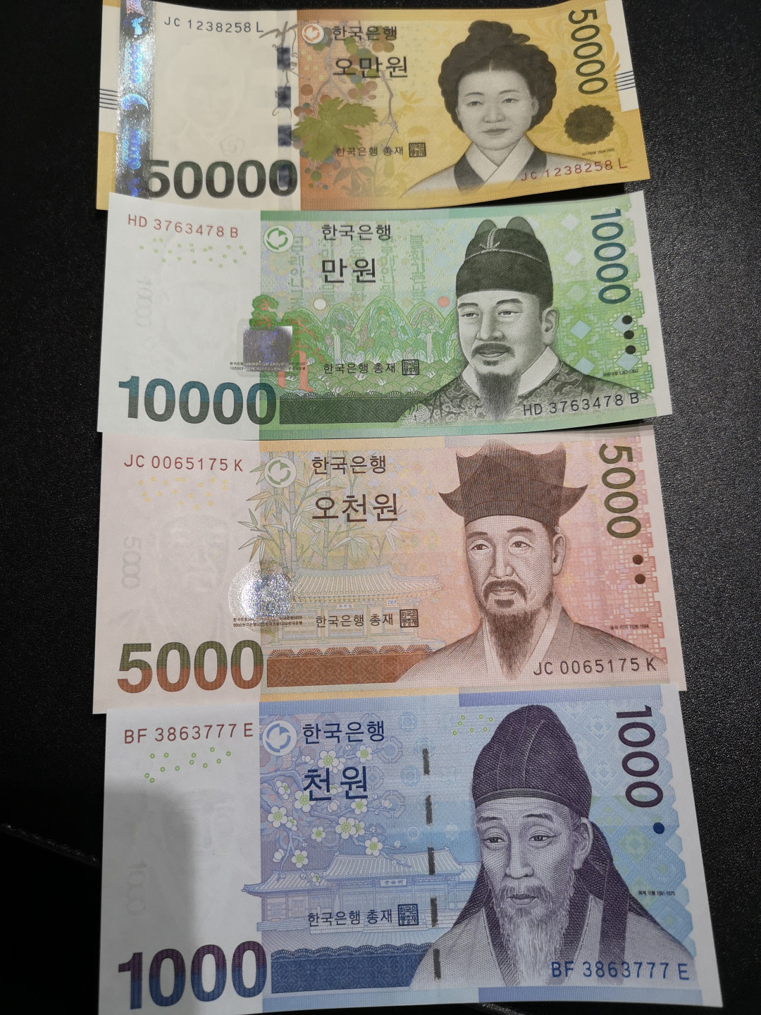 《外钞收藏家》第一百四十六期拍卖-超百件大拍场（本期106件） 韩元一套 4张 全新UNC 1000是豹子号