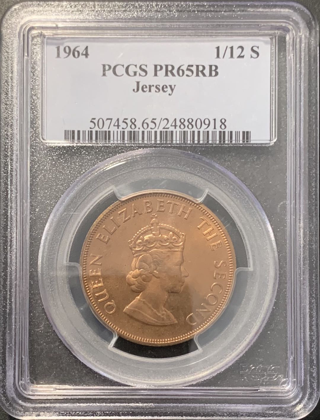 【保诚微拍】【免佣金&包邮】第2期 2021.11.14币章拍卖(68拍) 【 PCGS PR65RB】泽西岛 1964年 伊丽莎白二世 1/12先令 硬币（铜币）