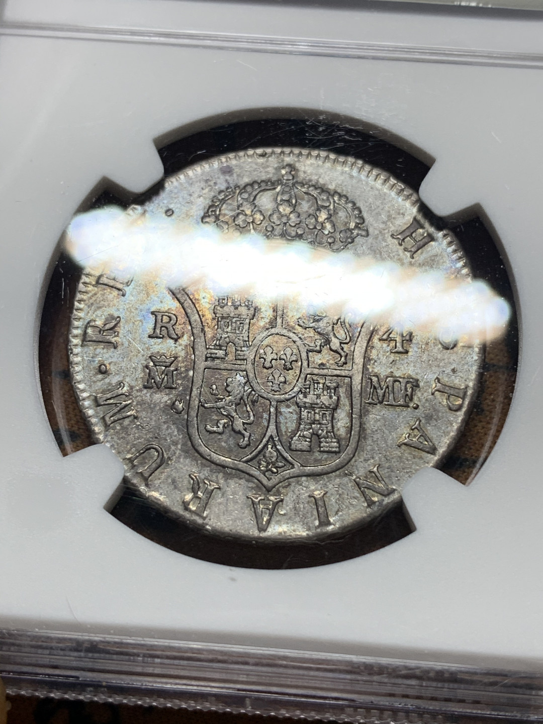 《竞宝斋》钱币微拍-第14场-本周日，周一2场连拍（全场顺丰包邮） 第三名 NGC-XF45 西班牙本土 1794年 卡洛斯四世 4R 半圆型老双柱 银币 好品带彩 比殖民地的稀少