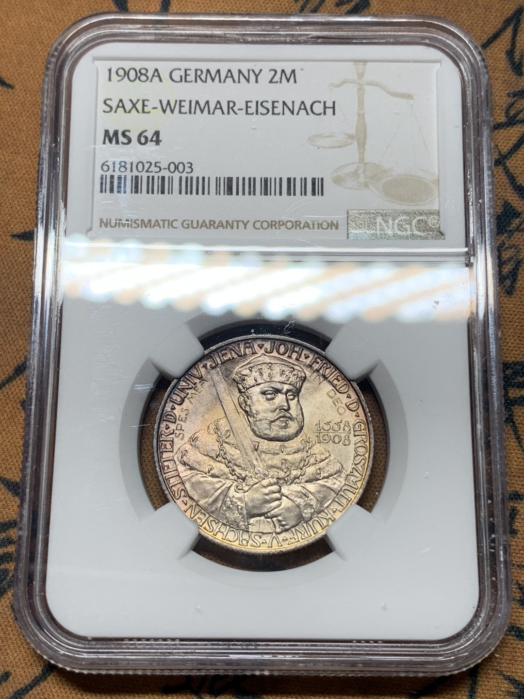 《竞宝斋》钱币微拍-第14场-本周日，周一2场连拍（全场顺丰包邮） NGC-MS64 德国萨克森魏玛 1908年 耶拿大学 2马克 银币 带彩转光 一流的状态