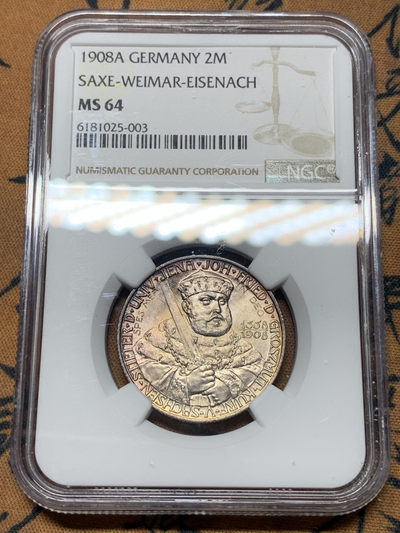 《竞宝斋》钱币微拍-第14场-本周日，周一2场连拍（全场顺丰包邮） - NGC-MS64 德国萨克森魏玛 1908年 耶拿大学 2马克 银币 带彩转光 一流的状态