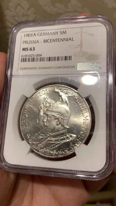 《竞宝斋》钱币微拍-第14场-本周日，周一2场连拍（全场顺丰包邮） NGC-MS63 德国普鲁士 1901年 200周年纪念 5马克 原光银币 一流曝光状态  