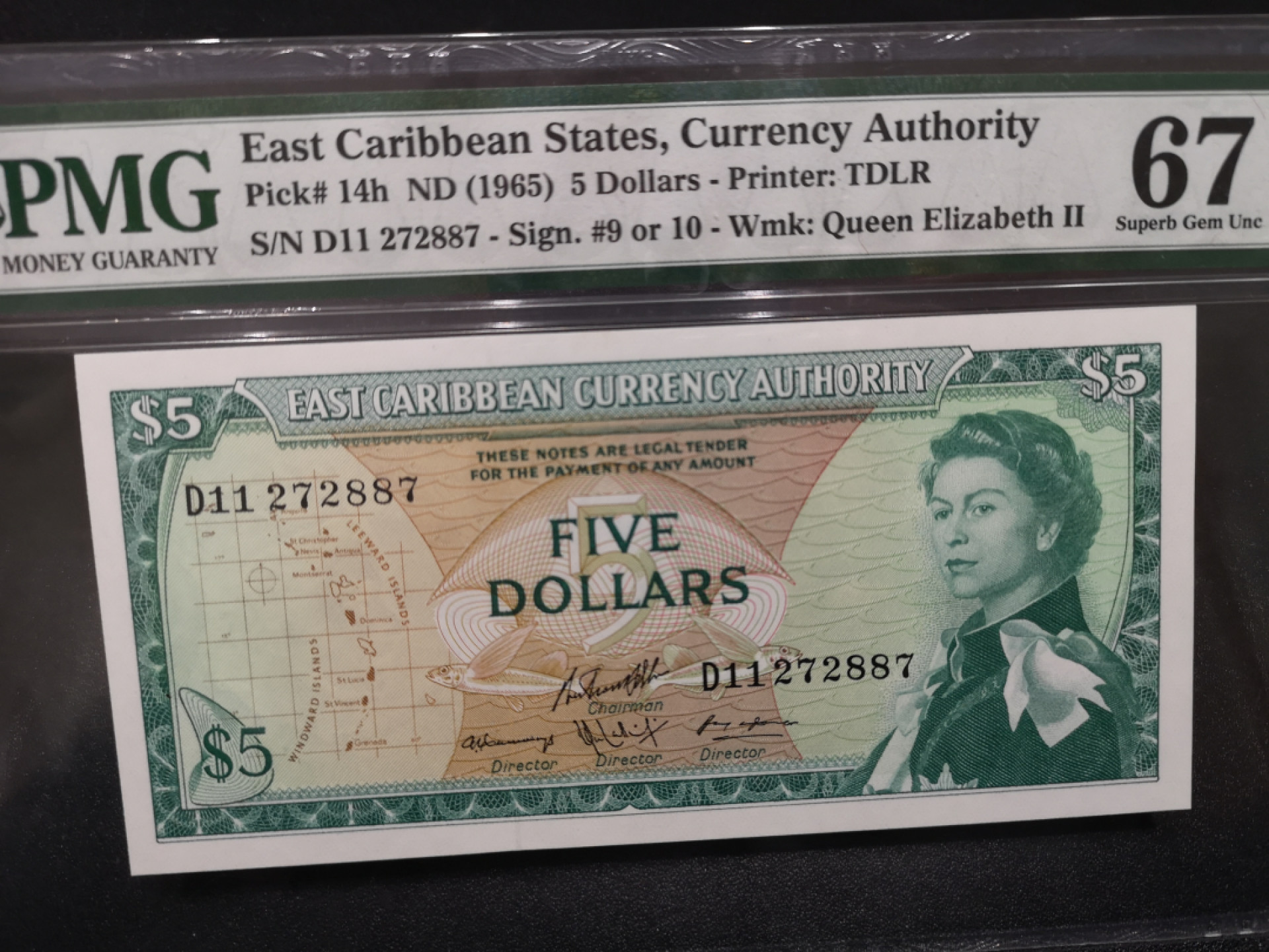 《外钞收藏家》第一百四十六期拍卖-超百件大拍场（本期106件） 1965年东加勒比5刀 PMG67