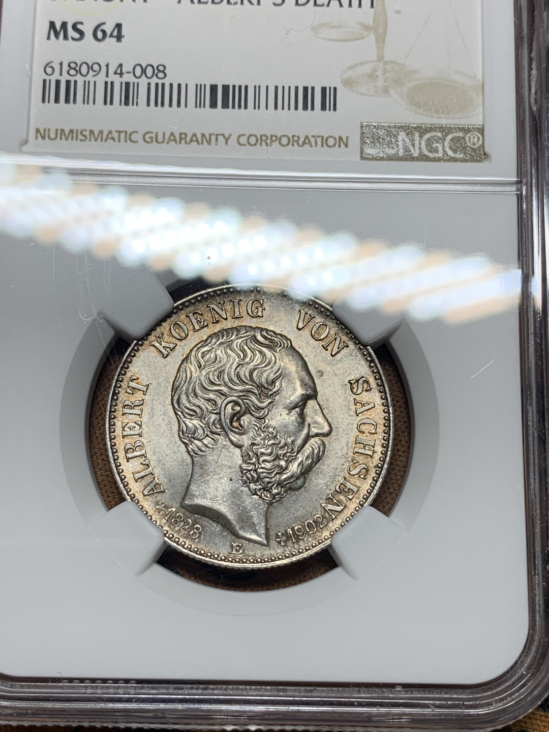 《竞宝斋》钱币微拍-第14场-本周日，周一2场连拍（全场顺丰包邮） NGC-MS64 德国萨克森 1902-E年 2马克 银币 原味带彩 顶级品相