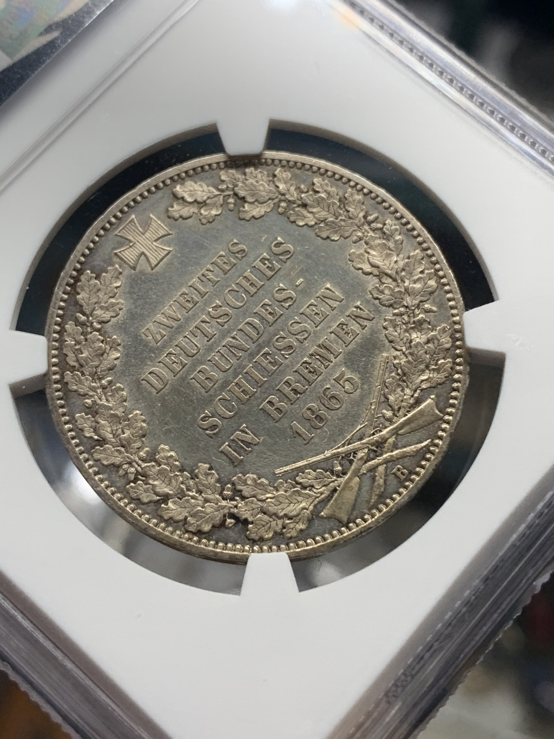 《竞宝斋》钱币微拍-第14场-本周日，周一2场连拍（全场顺丰包邮） NGC-UNC 德国1865年 不莱梅射击节1泰勒银币 有包浆 上分太难