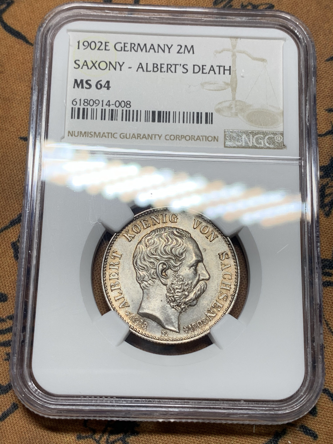 《竞宝斋》钱币微拍-第14场-本周日，周一2场连拍（全场顺丰包邮） NGC-MS64 德国萨克森 1902-E年 2马克 银币 原味带彩 顶级品相