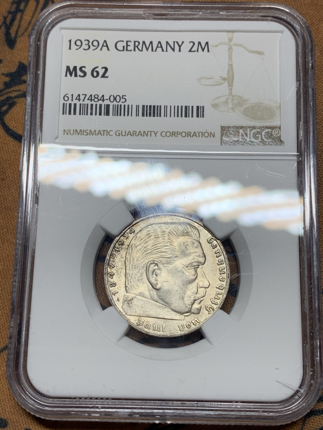 《竞宝斋》钱币微拍-第14场-本周日，周一2场连拍（全场顺丰包邮） NGC-MS62 德国 1939-A年 2马克 银币 原光好品