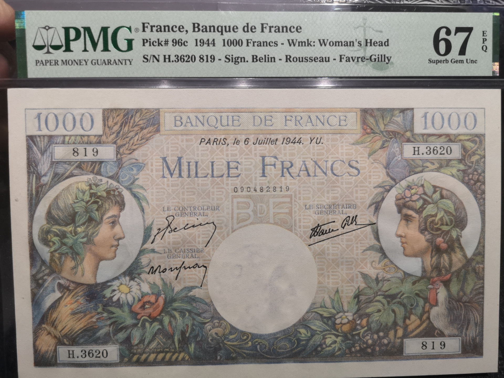 《外钞收藏家》第一百四十六期拍卖-超百件大拍场（本期106件） 1944年法国1000法郎 PMG67 精美大票幅