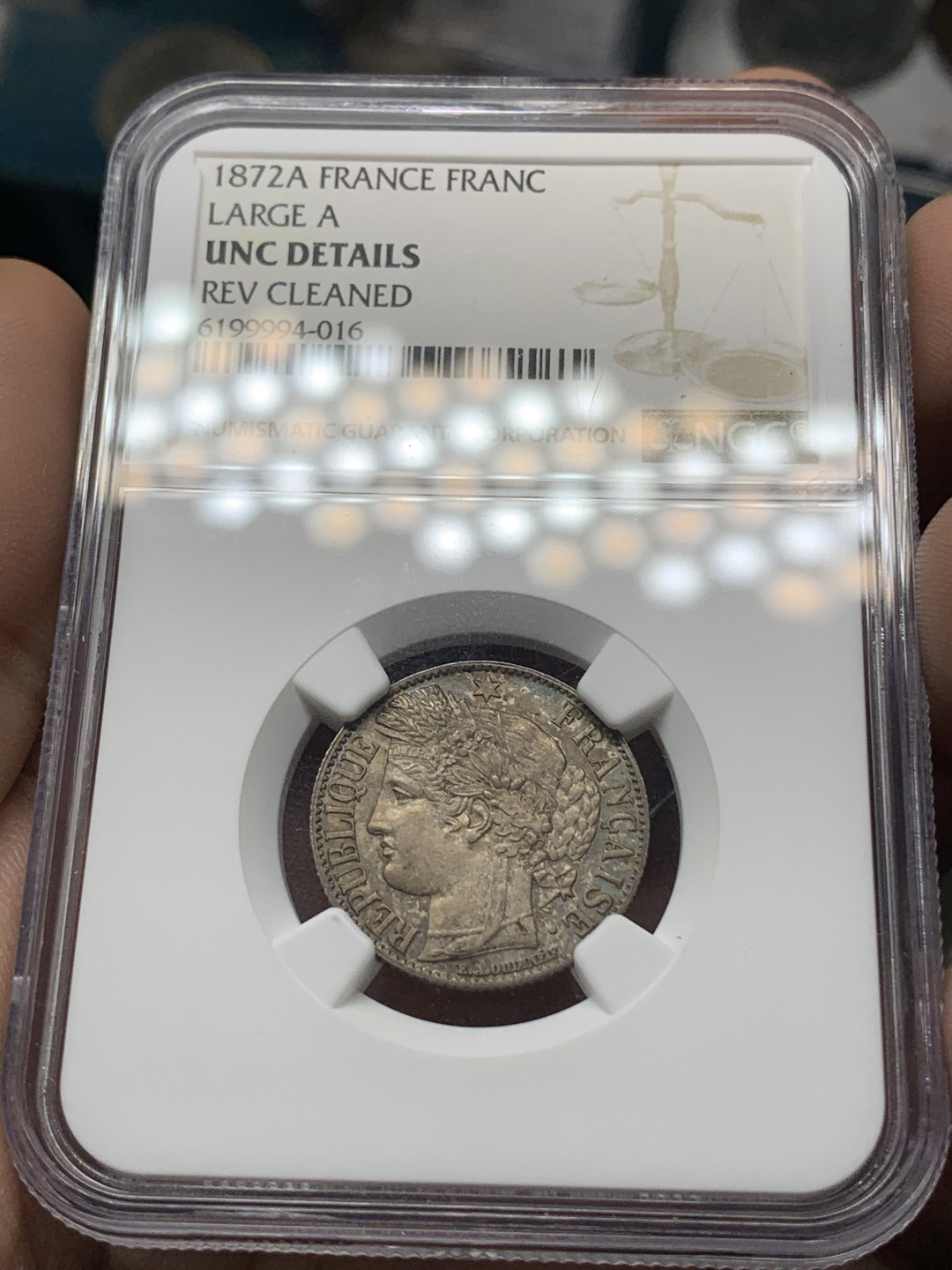《竞宝斋》钱币微拍-第14场-本周日，周一2场连拍（全场顺丰包邮） NGC-UNC  法国 1872年A 谷物1法郎，对光好彩