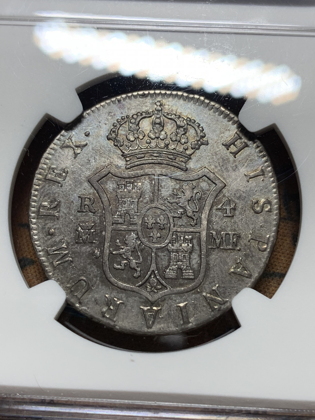 《竞宝斋》钱币微拍-第14场-本周日，周一2场连拍（全场顺丰包邮） 第三名 NGC-XF45 西班牙本土 1794年 卡洛斯四世 4R 半圆型老双柱 银币 好品带彩 比殖民地的稀少