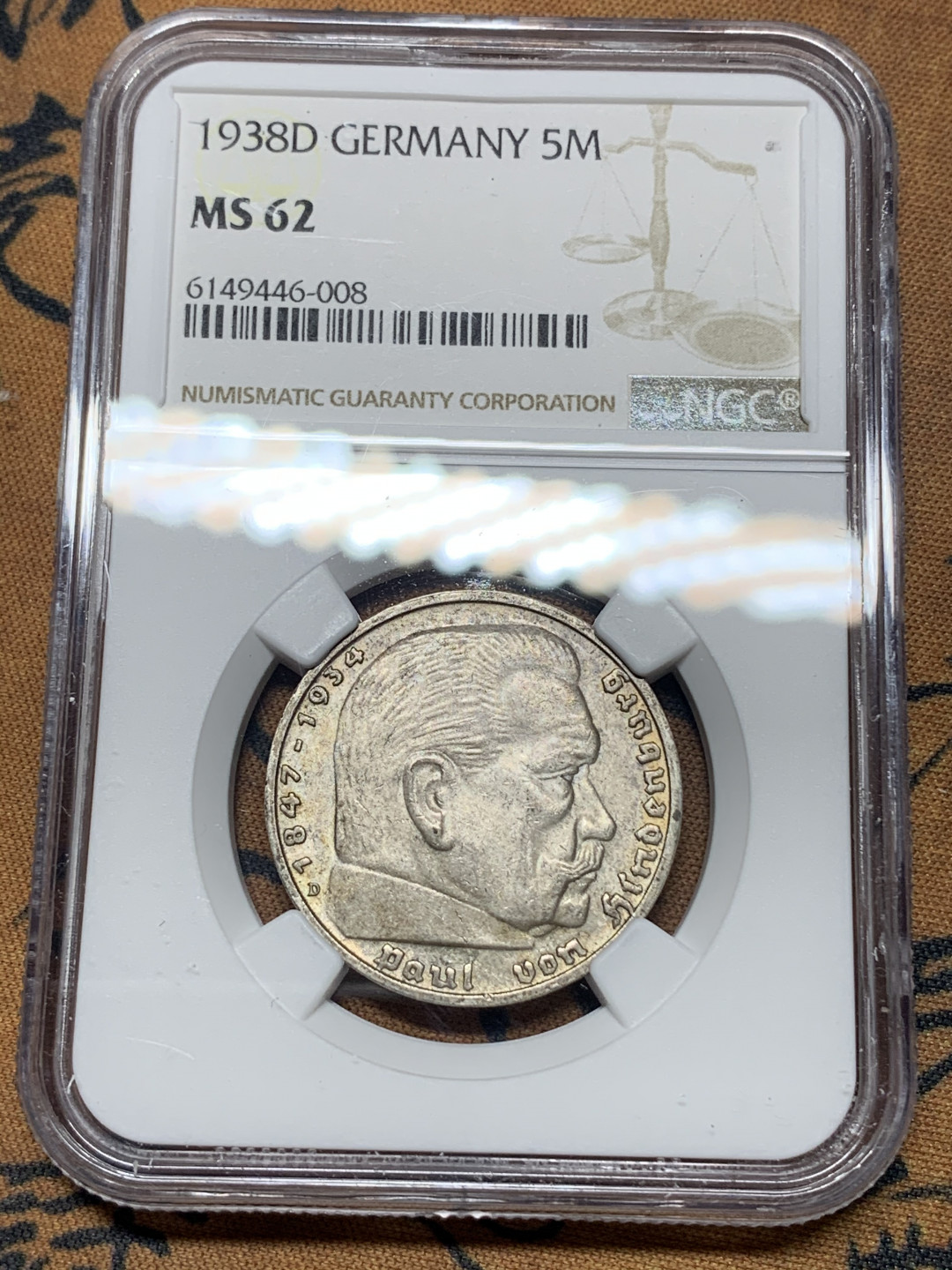 《竞宝斋》钱币微拍-第14场-本周日，周一2场连拍（全场顺丰包邮） NGC-MS62 德国 1938-D年 5马克 银币 粉光漂亮