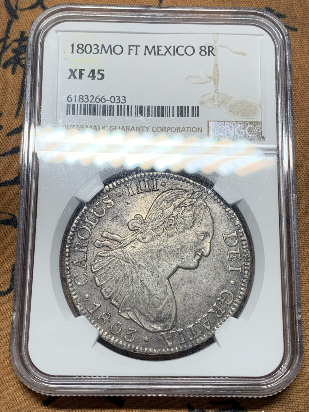 《竞宝斋》钱币微拍-第14场-本周日，周一2场连拍（全场顺丰包邮） NGC-XF45 墨西哥 1803年 卡洛斯四世双柱 8R 原味品 银币 这样的双柱也涨疯了