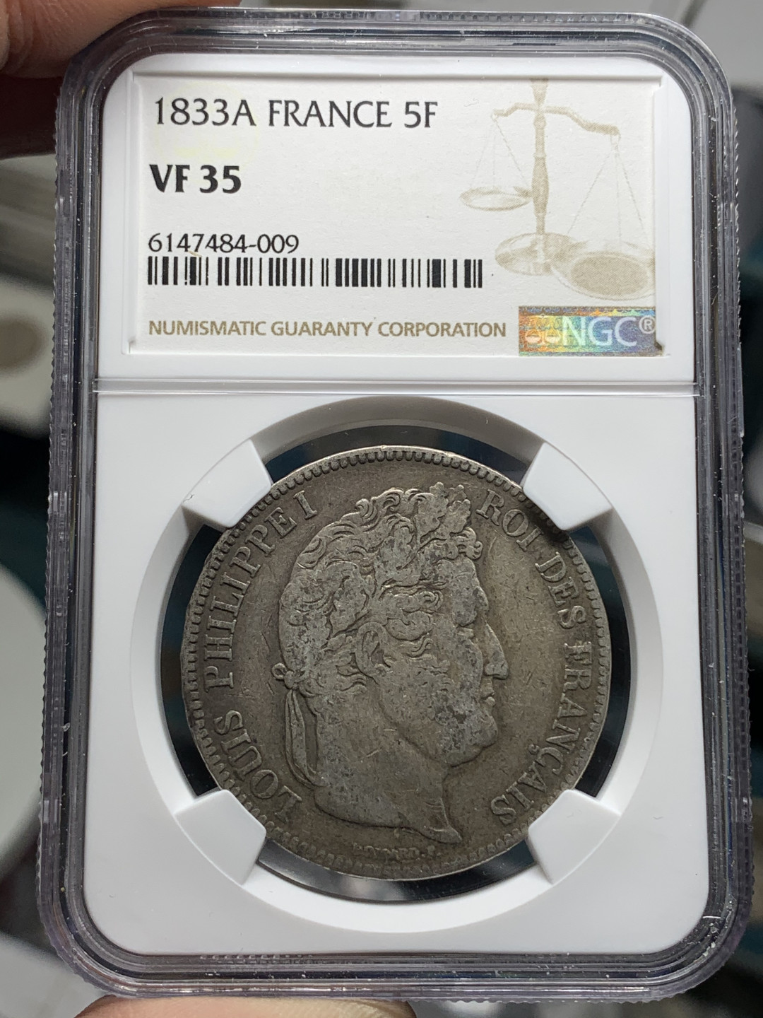 《竞宝斋》钱币微拍-第14场-本周日，周一2场连拍（全场顺丰包邮） NGC-VF35 法国 1833-A年 菲利普一世 5法郎银币 早期的菲利普大头 比这枚分高的也就3枚 稀少