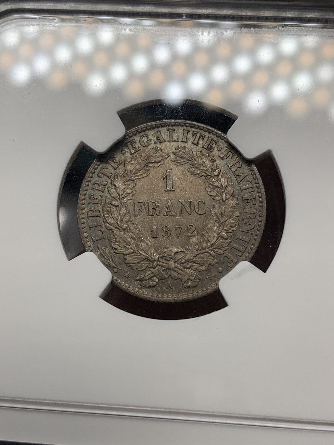 《竞宝斋》钱币微拍-第14场-本周日，周一2场连拍（全场顺丰包邮） NGC-UNC  法国 1872年A 谷物1法郎，对光好彩