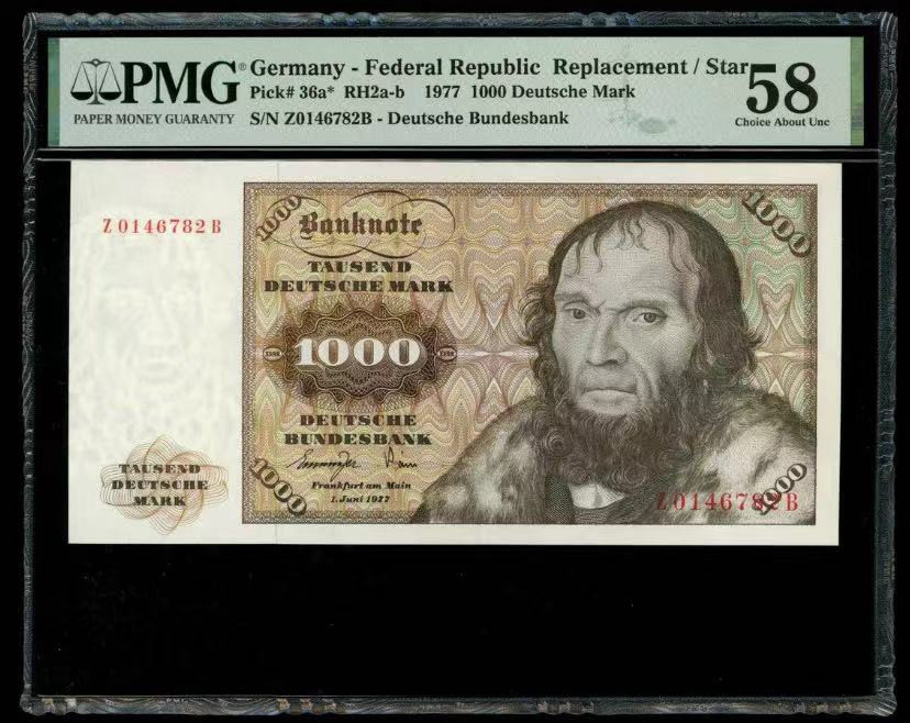 《外钞收藏家》第一百四十六期拍卖-超百件大拍场（本期106件） 1977年德国1000马克 PMG58 稀少补号 评级库目前四枚