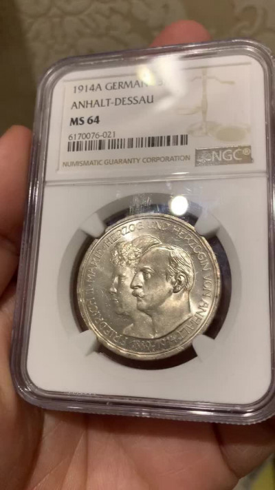 《竞宝斋》钱币微拍-第14场-本周日，周一2场连拍（全场顺丰包邮） NGC-MS64 德国 安哈特1914年 弗里德里希二世结婚3马克银币