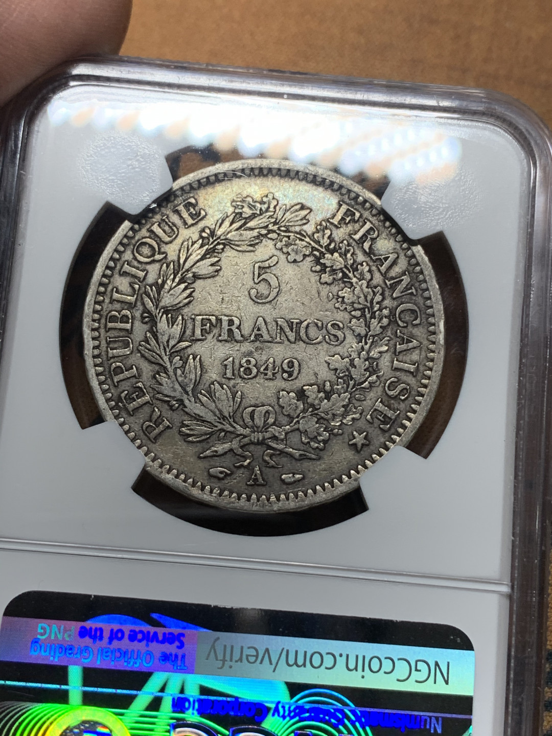 《竞宝斋》钱币微拍-第14场-本周日，周一2场连拍（全场顺丰包邮） NGC-XF45 法国 1849-A年 早期大力神 5法郎 银币 原味好品