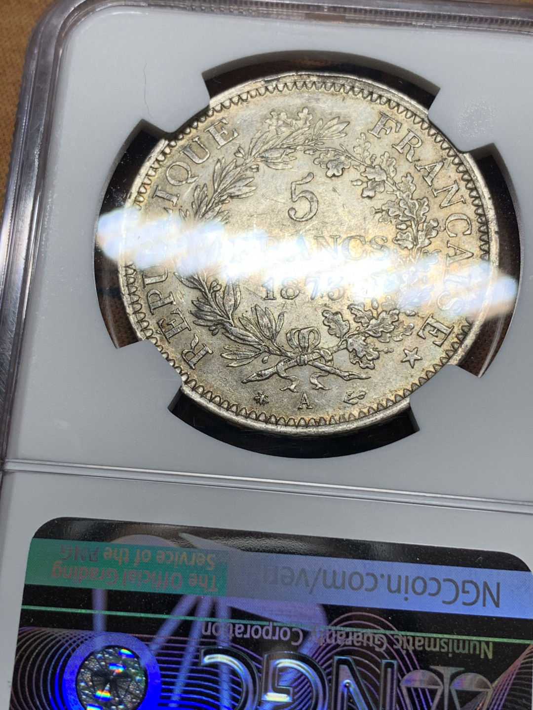 《竞宝斋》钱币微拍-第14场-本周日，周一2场连拍（全场顺丰包邮） NGC-AU58 法国 1873-A年 大力神 5法郎 银币 原味带光