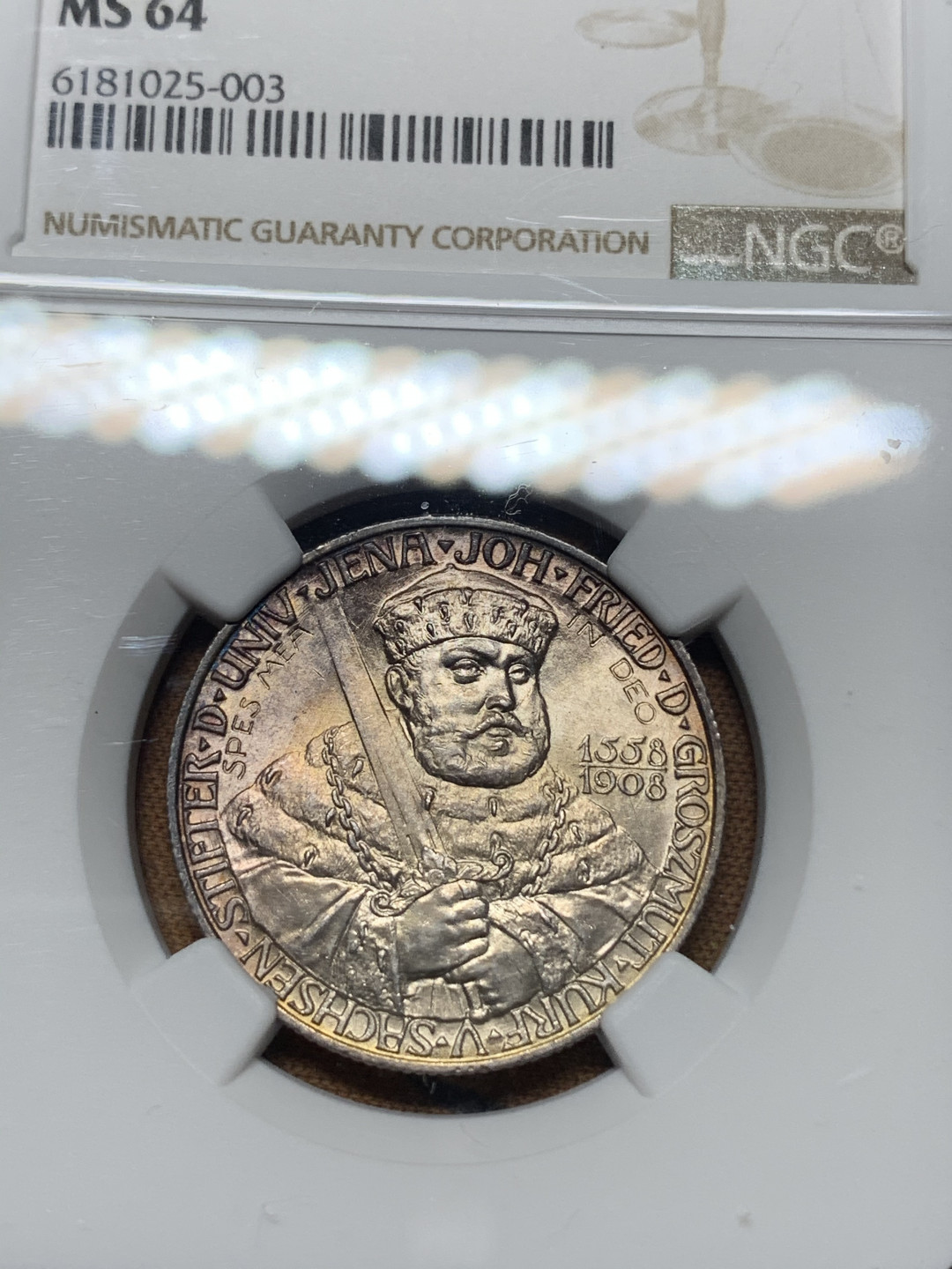 《竞宝斋》钱币微拍-第14场-本周日，周一2场连拍（全场顺丰包邮） NGC-MS64 德国萨克森魏玛 1908年 耶拿大学 2马克 银币 带彩转光 一流的状态