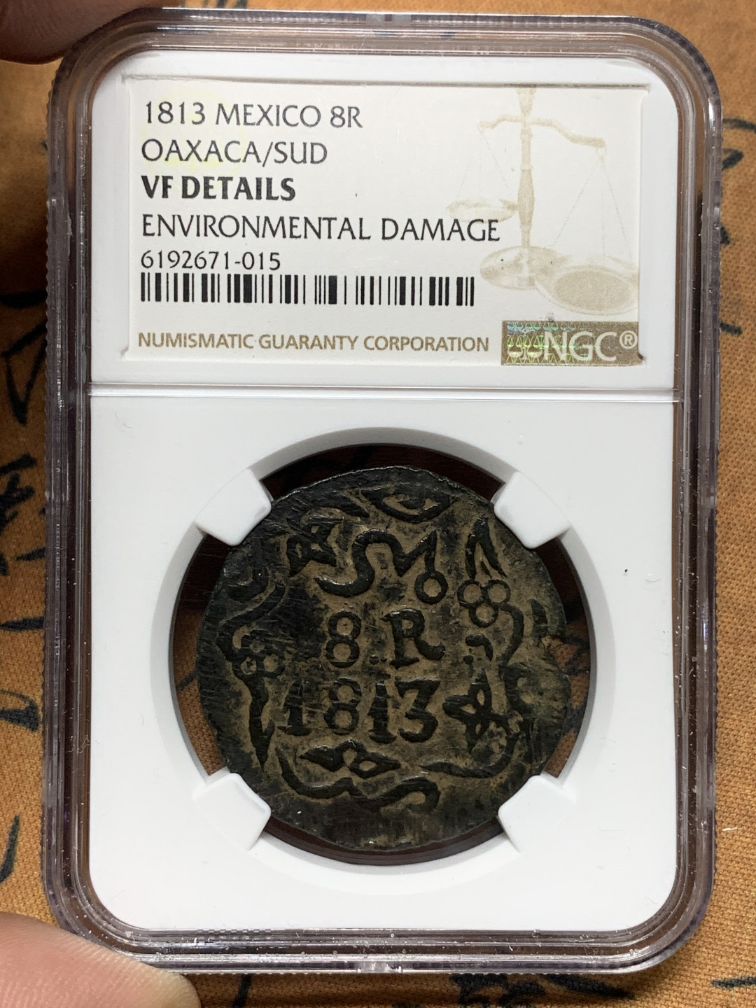 《竞宝斋》钱币微拍-第14场-本周日，周一2场连拍（全场顺丰包邮） NGC-VF 墨西哥 1813年 瓦哈卡内战 8R 铜币 非常稀少