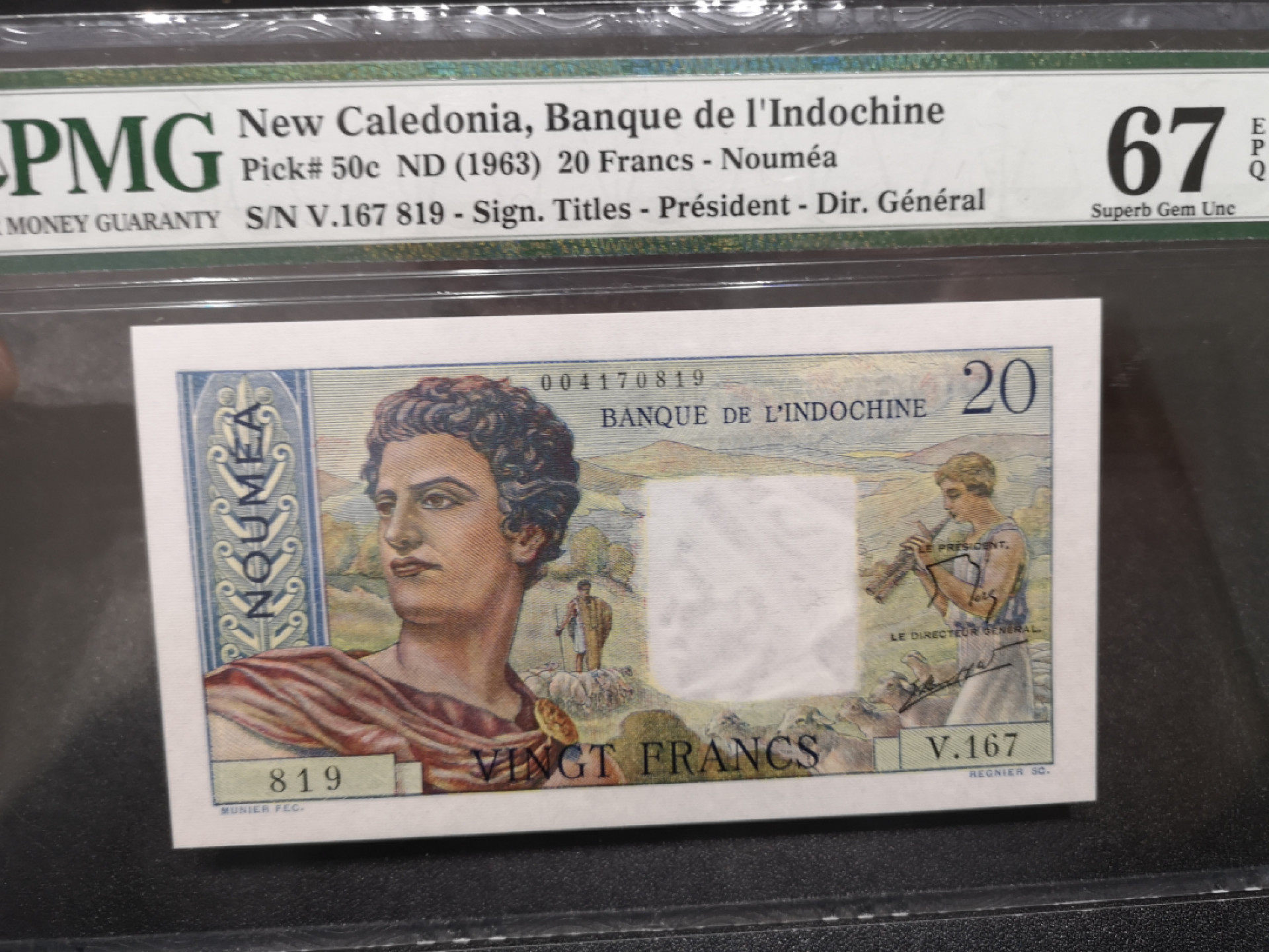 《外钞收藏家》第一百四十六期拍卖-超百件大拍场（本期106件） 1963年新喀多尼亚20法郎 PMG67