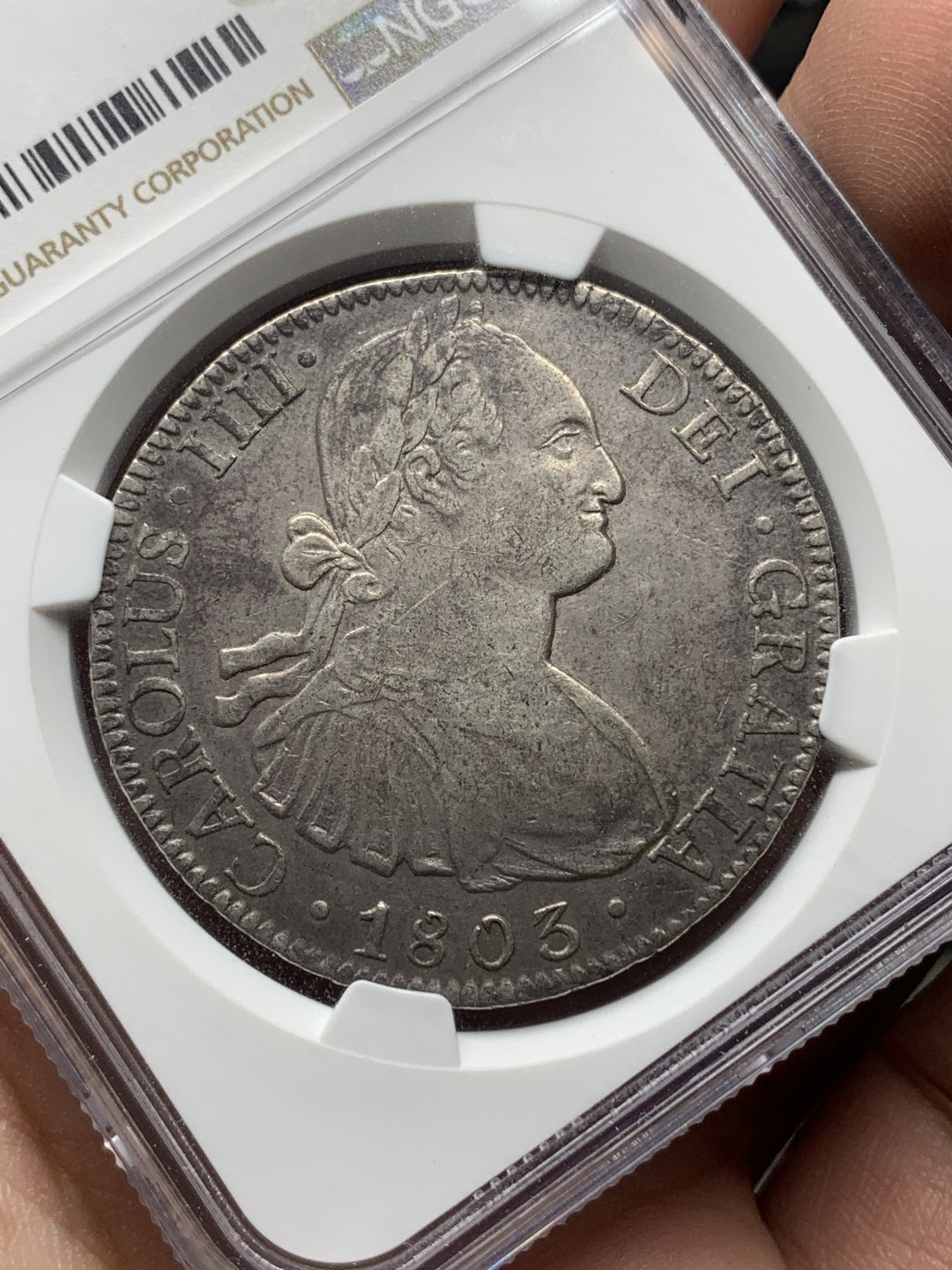 《竞宝斋》钱币微拍-第14场-本周日，周一2场连拍（全场顺丰包邮） NGC-XF45 墨西哥 1803年 卡洛斯四世双柱 8R 原味品 银币 这样的双柱也涨疯了