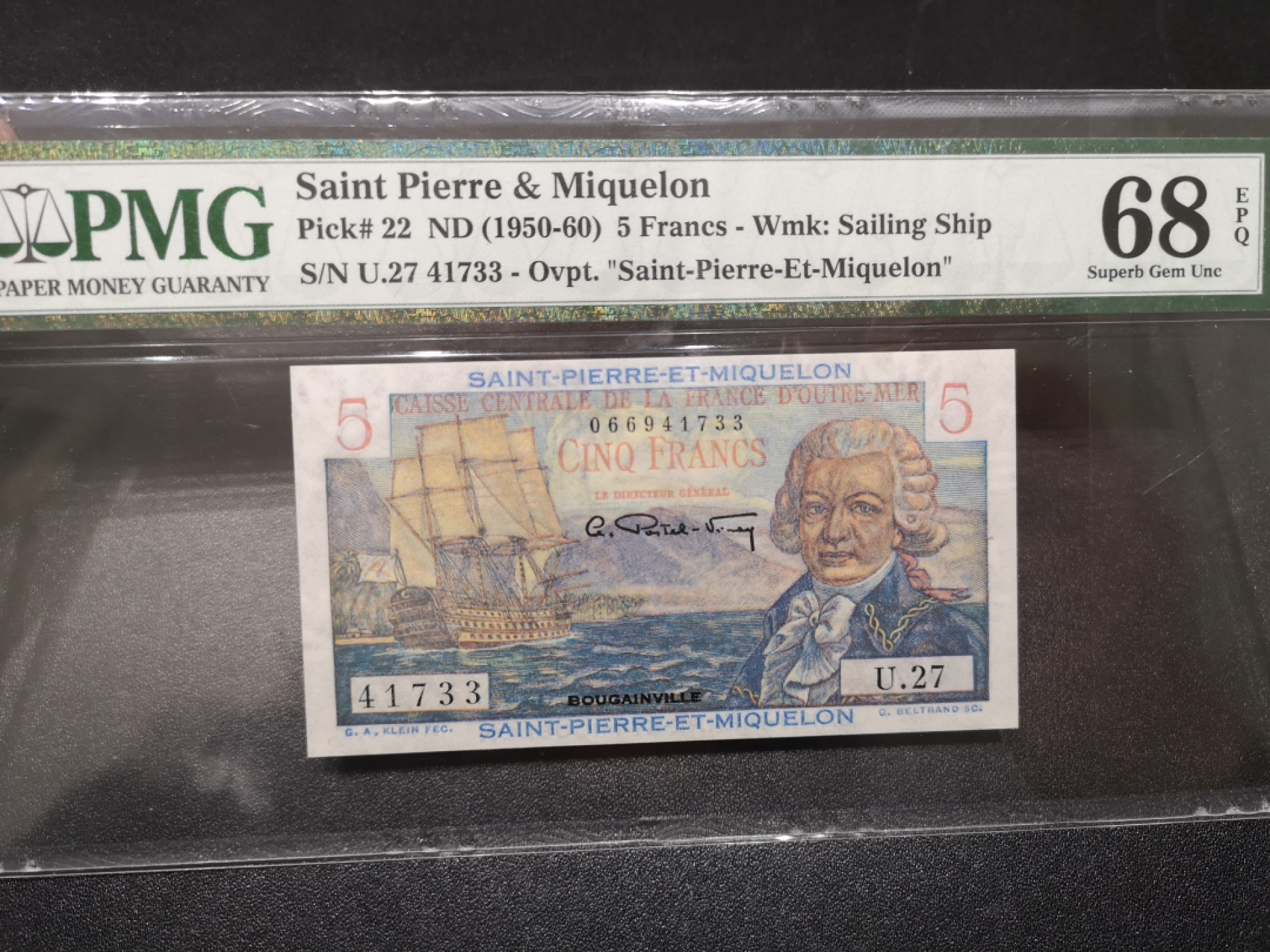 《外钞收藏家》第一百四十六期拍卖-超百件大拍场（本期106件） 1950-60年圣皮埃尔5法郎 PMG68