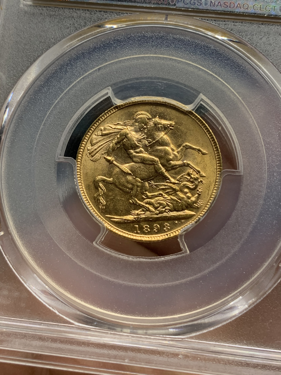 《竞宝斋》钱币微拍-第14场-本周日，周一2场连拍（全场顺丰包邮） PCGS-AU58 英国维多利亚 1893年  索维林 马剑金币 8克 