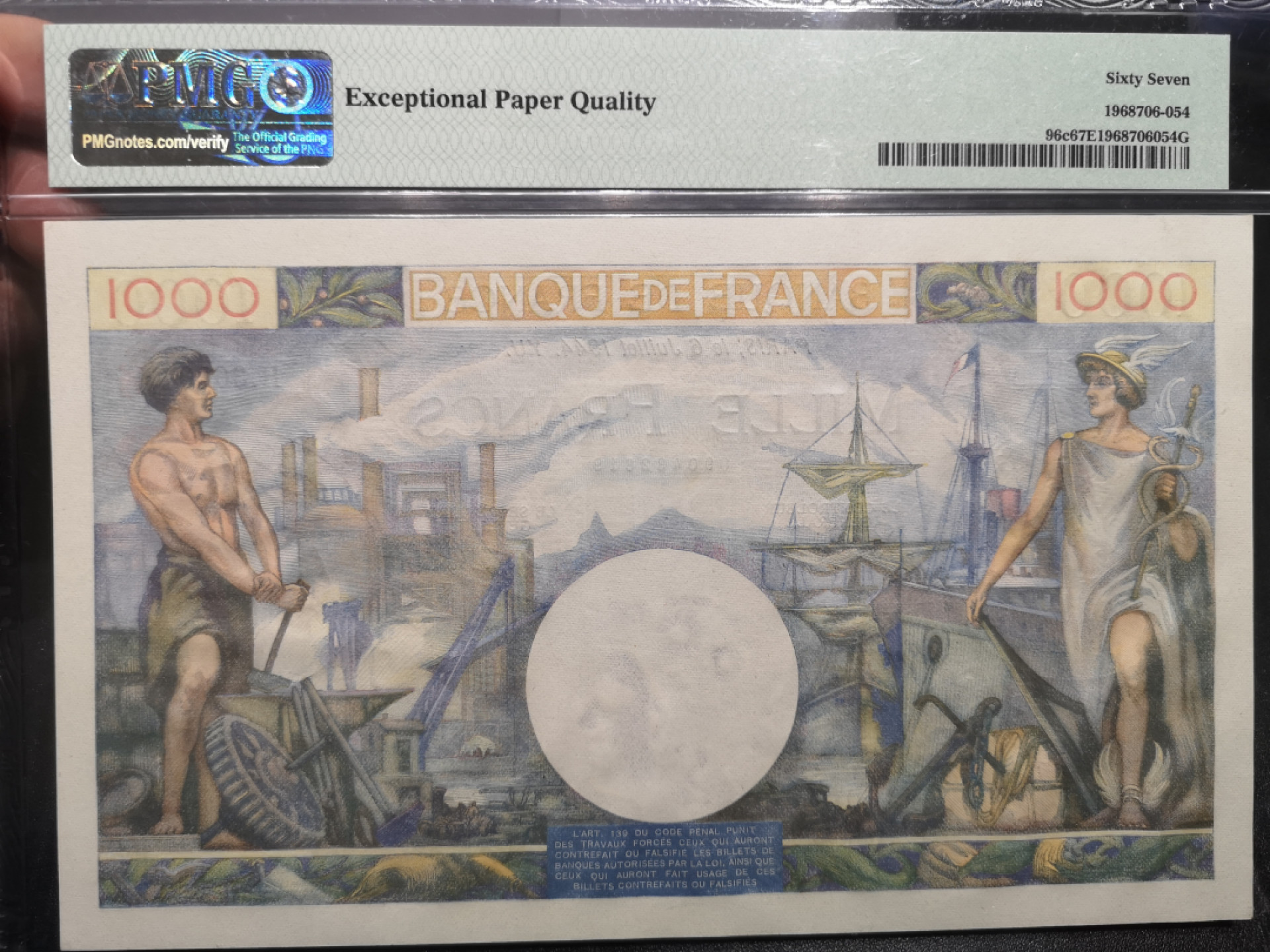 《外钞收藏家》第一百四十六期拍卖-超百件大拍场（本期106件） 1944年法国1000法郎 PMG67 精美大票幅