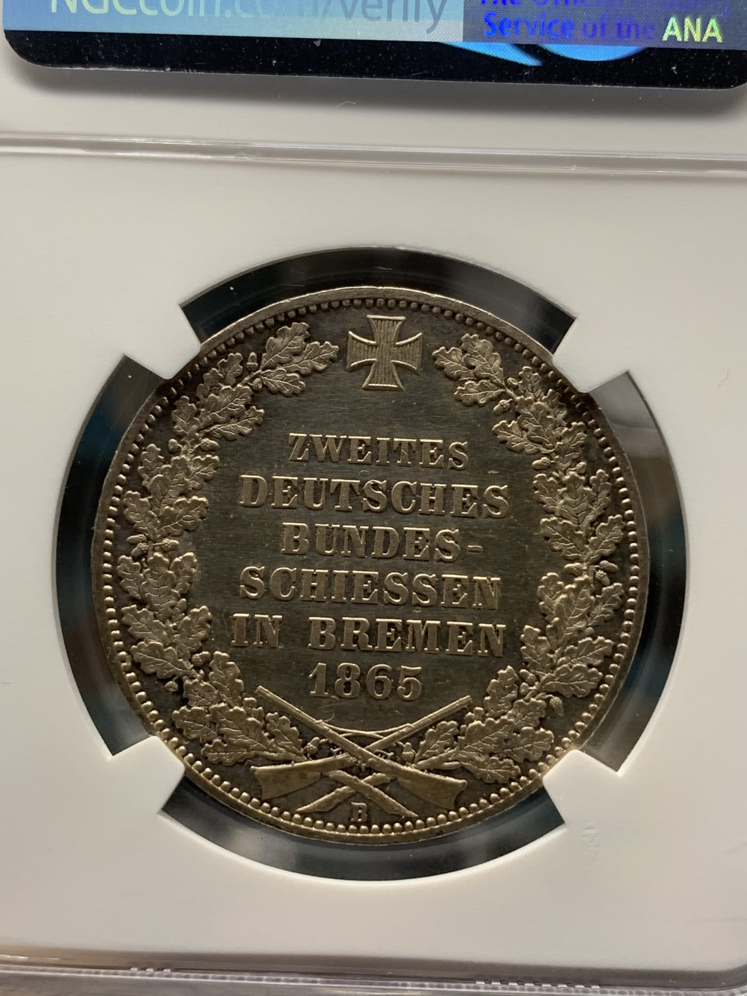 《竞宝斋》钱币微拍-第14场-本周日，周一2场连拍（全场顺丰包邮） NGC-UNC 德国1865年 不莱梅射击节1泰勒银币 有包浆 上分太难