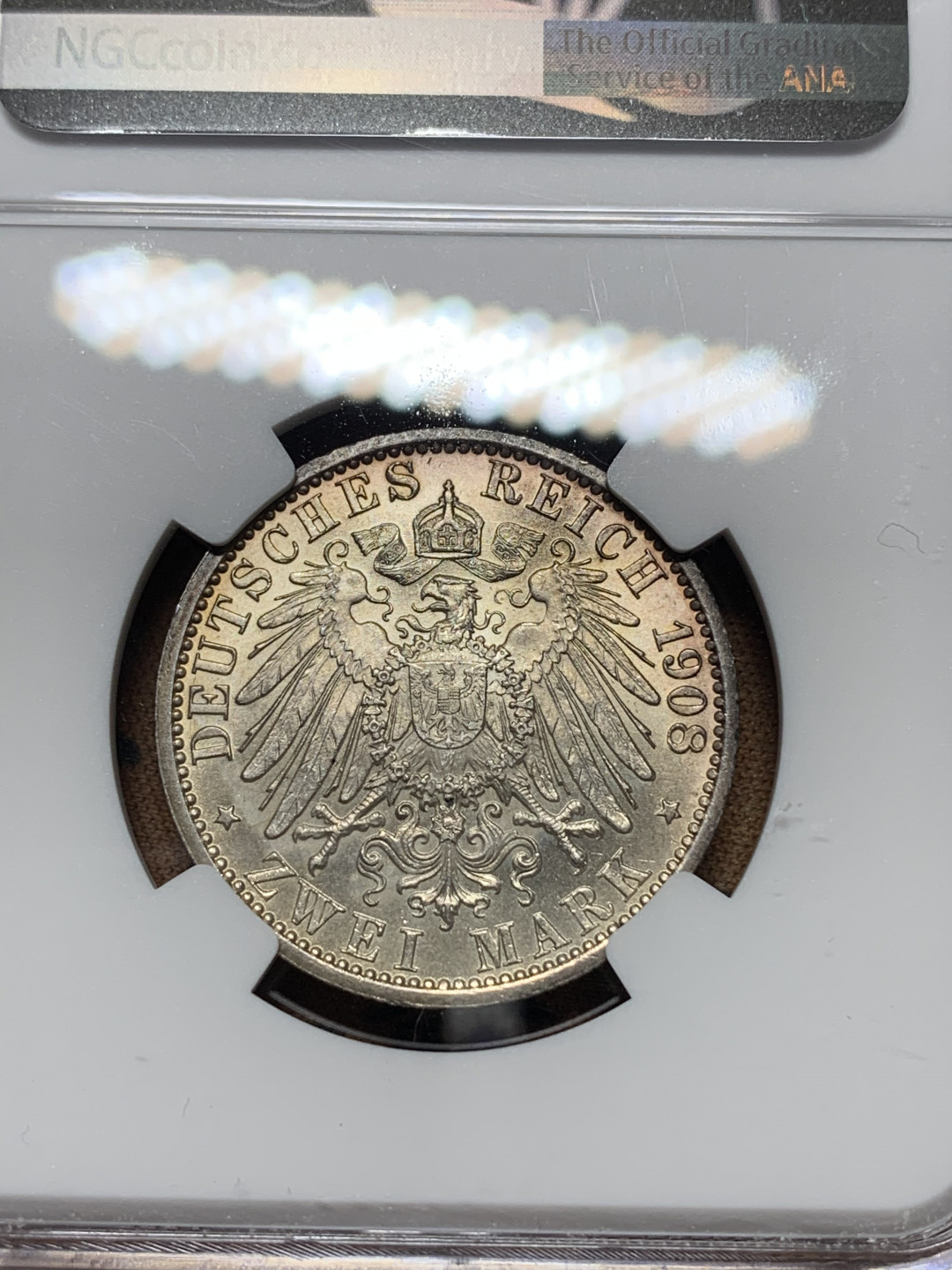 《竞宝斋》钱币微拍-第14场-本周日，周一2场连拍（全场顺丰包邮） NGC-MS64 德国萨克森魏玛 1908年 耶拿大学 2马克 银币 带彩转光 一流的状态